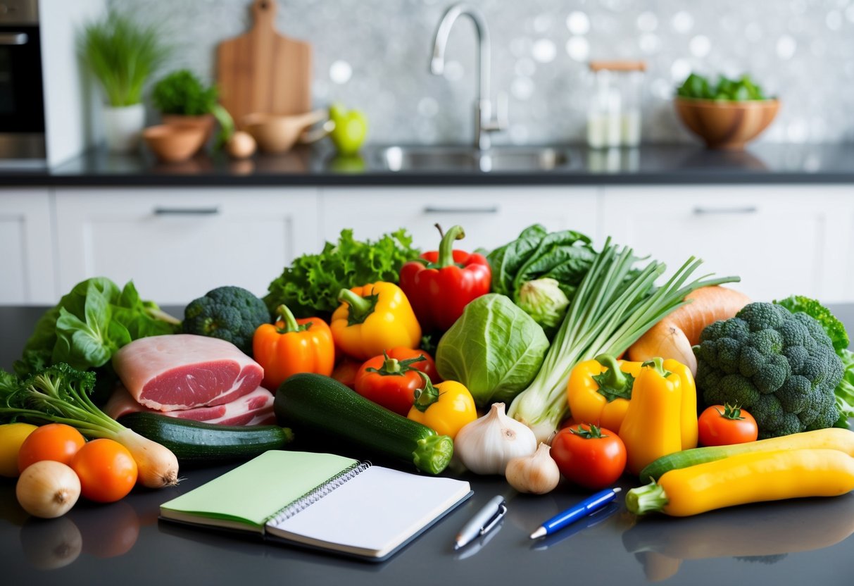 A colorful array of fresh vegetables, lean meats, and healthy fats arranged on a kitchen counter, with a notebook and pen nearby for meal planning