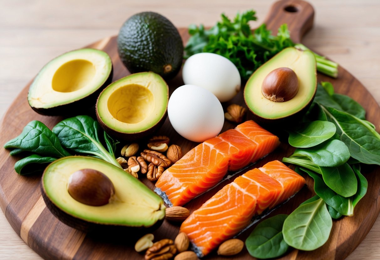 A colorful array of keto-friendly foods - avocados, eggs, salmon, leafy greens, and nuts - arranged on a wooden cutting board