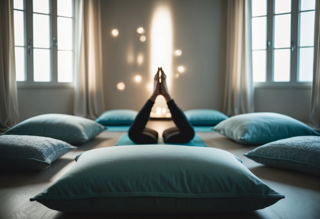 A serene, dimly lit room with soft blankets and pillows arranged in restorative yoga poses, creating a calming atmosphere for better sleep quality
