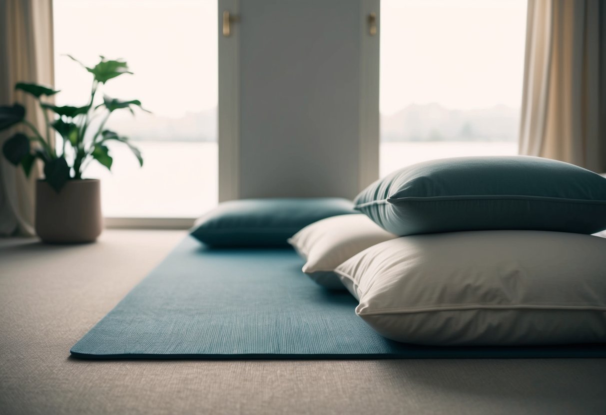 A serene, dimly lit room with a cozy yoga mat, soft pillows, and a tranquil atmosphere. A peaceful setting for meditation and gentle yoga poses to promote better sleep quality