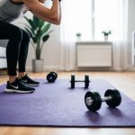 A living room with a yoga mat, dumbbells, and a timer. A person is performing high-intensity exercises such as squats, burpees, and push-ups