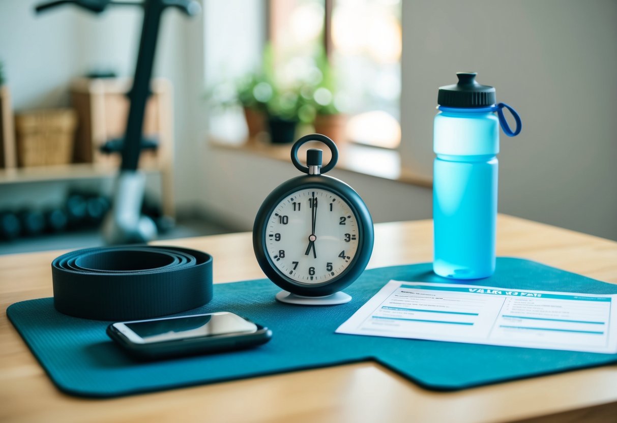 A home gym setup with a timer, exercise mat, water bottle, and workout plan spread out on a table