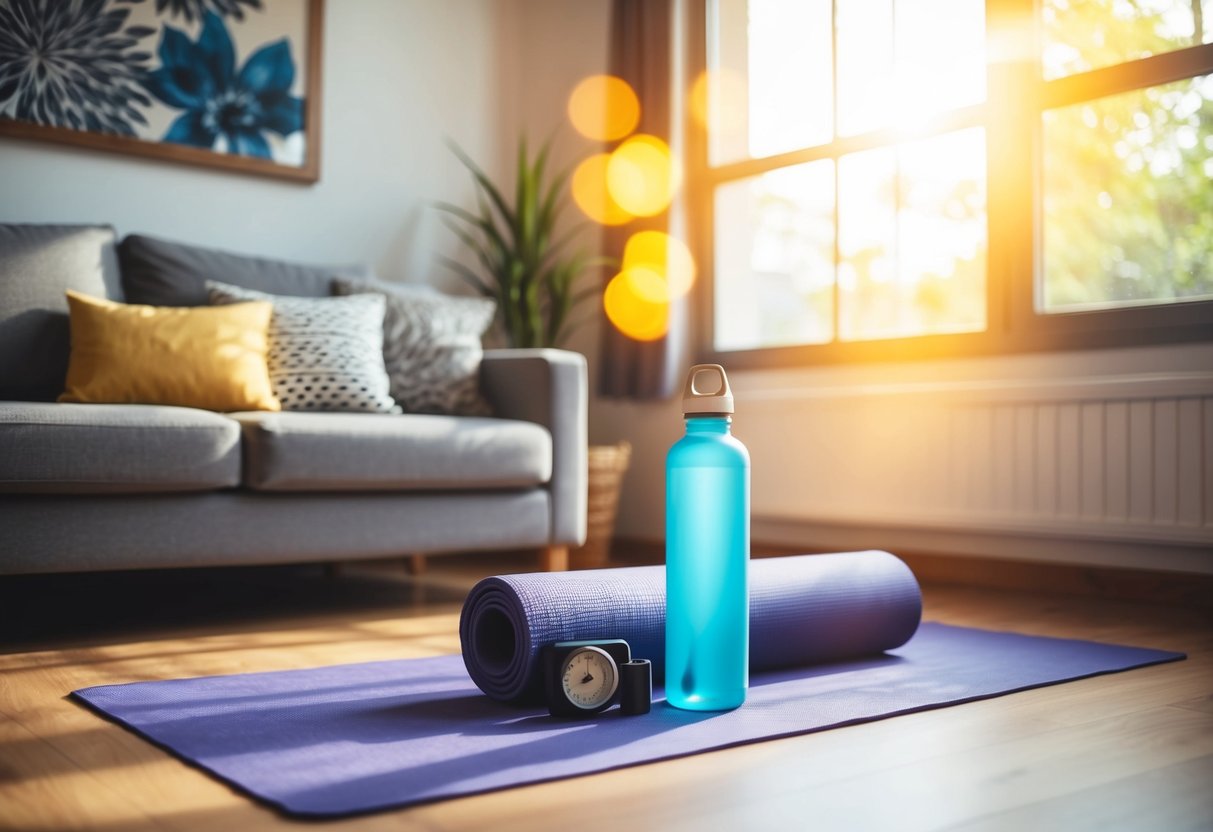 A living room with a yoga mat, water bottle, and timer. Sunlight streams through the window as the room is filled with energy and determination