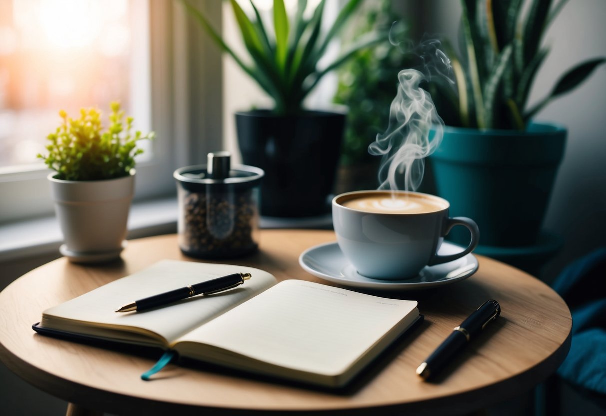 A cozy corner with a journal, pen, and steaming cup of coffee on a table, surrounded by plants and soft morning light