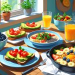 A kitchen table filled with healthy breakfast dishes including avocado toast, berries, smoothie bowl, scrambled eggs, and orange juice in natural morning light.