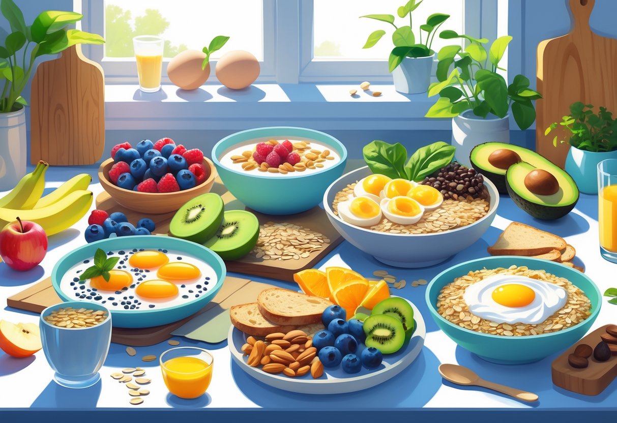 A kitchen countertop with fresh fruits, whole grains, eggs, yogurt, nuts, vegetables, and prepared breakfast dishes like smoothie bowls, avocado toast, and oatmeal, all arranged to show healthy breakfast options.