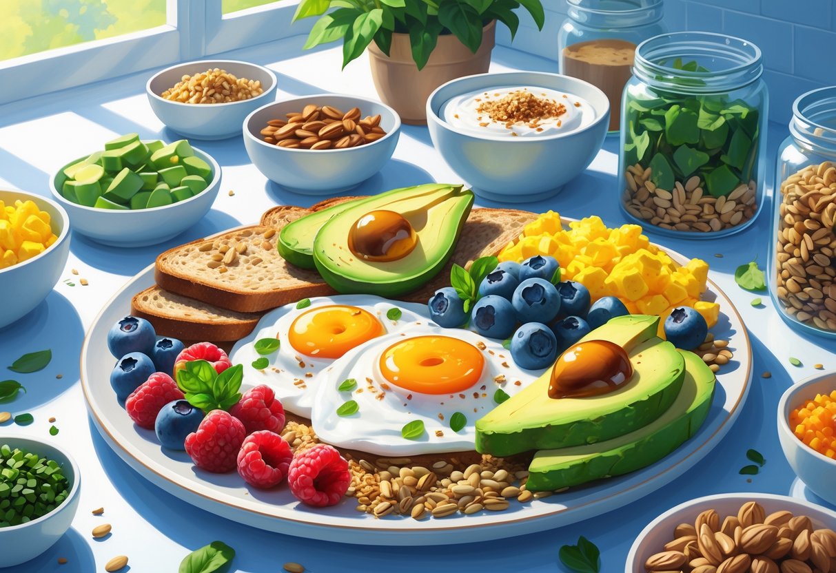 A breakfast plate with eggs, avocado, berries, toast, and yogurt surrounded by bowls of fresh ingredients on a kitchen countertop.