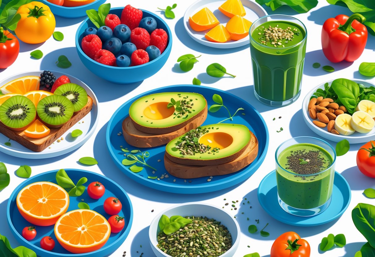 A colorful breakfast table with fresh fruits, avocado toast, a green smoothie, nuts, and vegetables arranged in a bright kitchen.