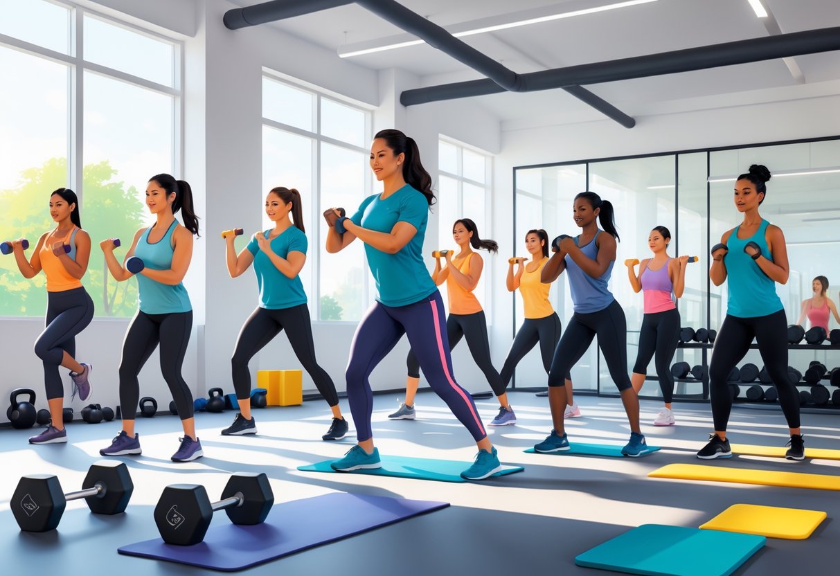 A group of people of different ages and fitness levels performing various mobility exercises in a bright gym.