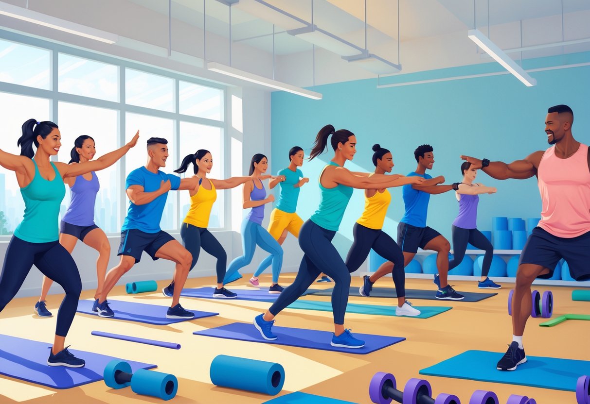 A group of diverse people performing dynamic mobility exercises in a bright gym with workout equipment around them.