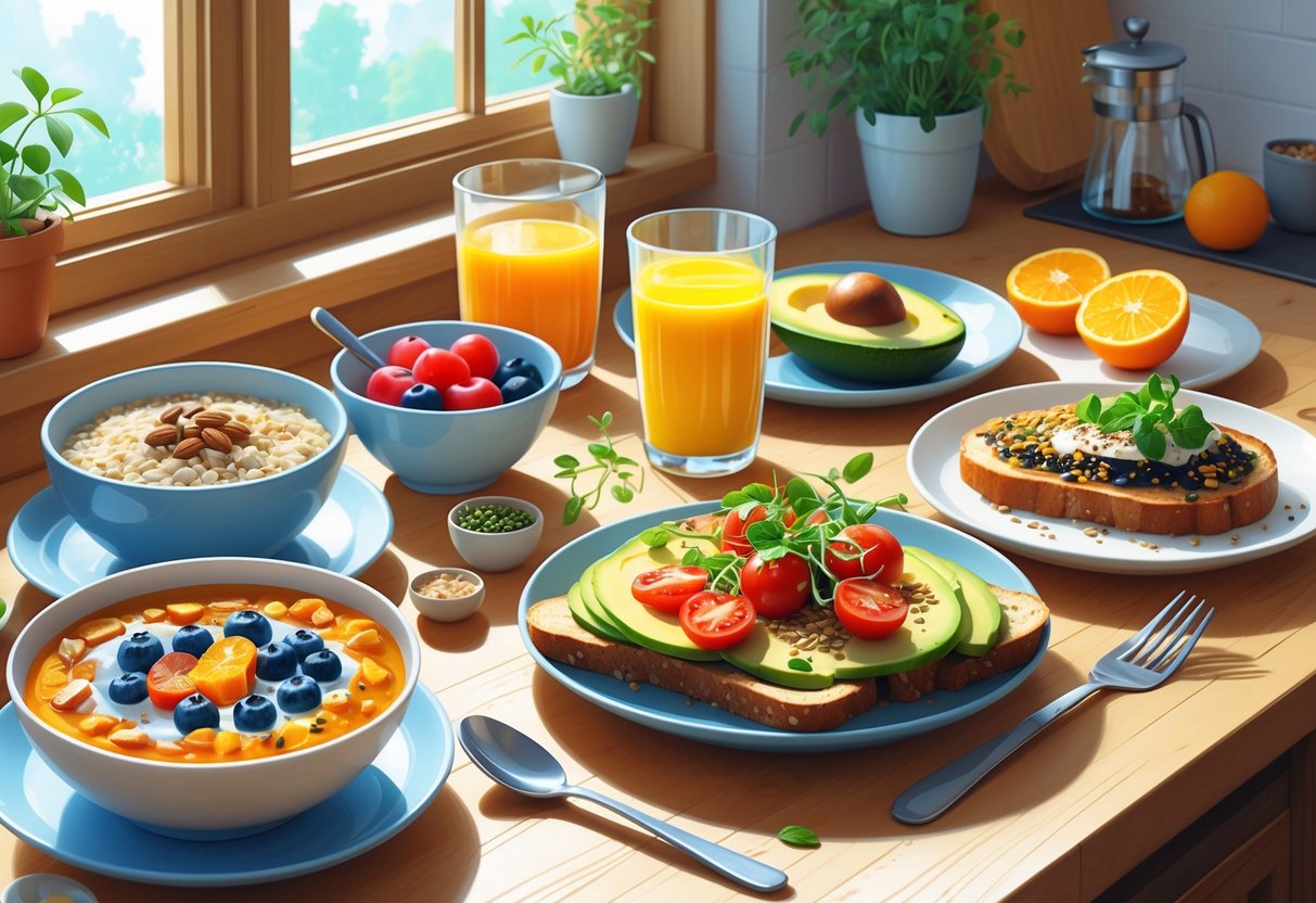 A kitchen table filled with colorful healthy breakfast dishes including oatmeal with berries, avocado toast, a smoothie bowl, and orange juice, bathed in natural morning light.