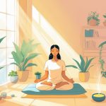 A person meditating peacefully indoors, sitting cross-legged on a cushion surrounded by plants, sunlight, and calming objects.