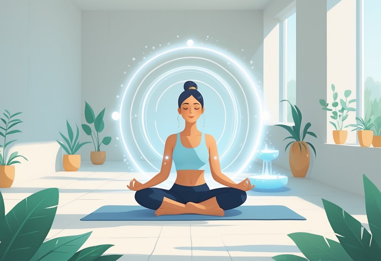 A person sitting cross-legged on a yoga mat in a bright room with plants, eyes closed, practicing meditation with a calm expression.