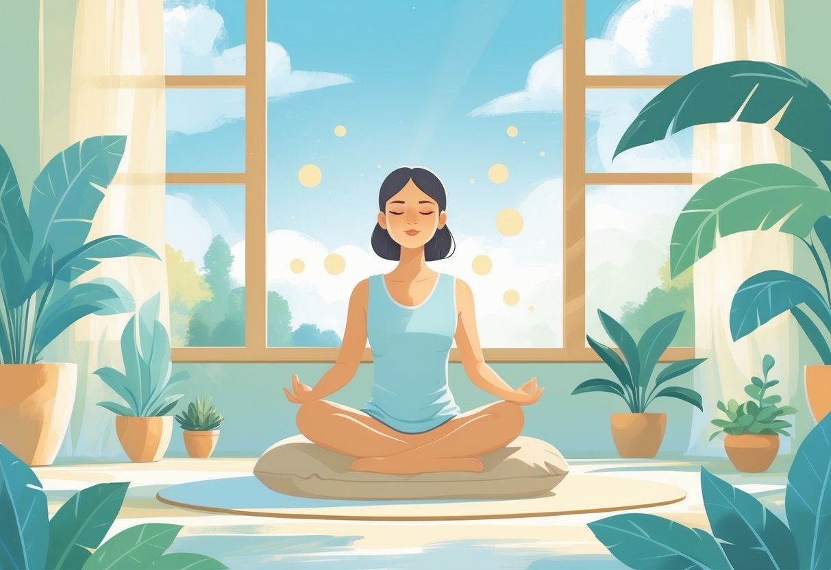 A person meditating peacefully indoors with eyes closed, surrounded by soft light and plants, creating a calm and relaxing atmosphere.