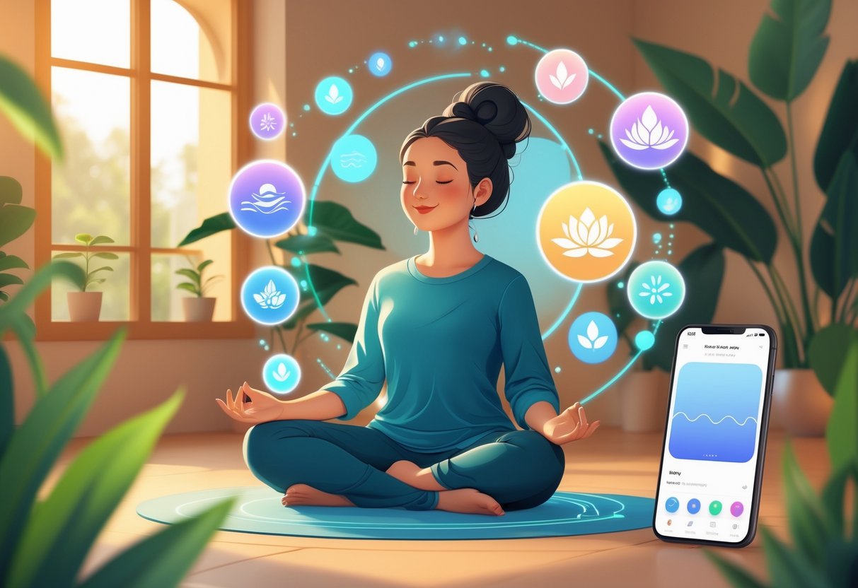 A person meditating indoors with eyes closed, surrounded by calming symbols and a smartphone showing a meditation app.