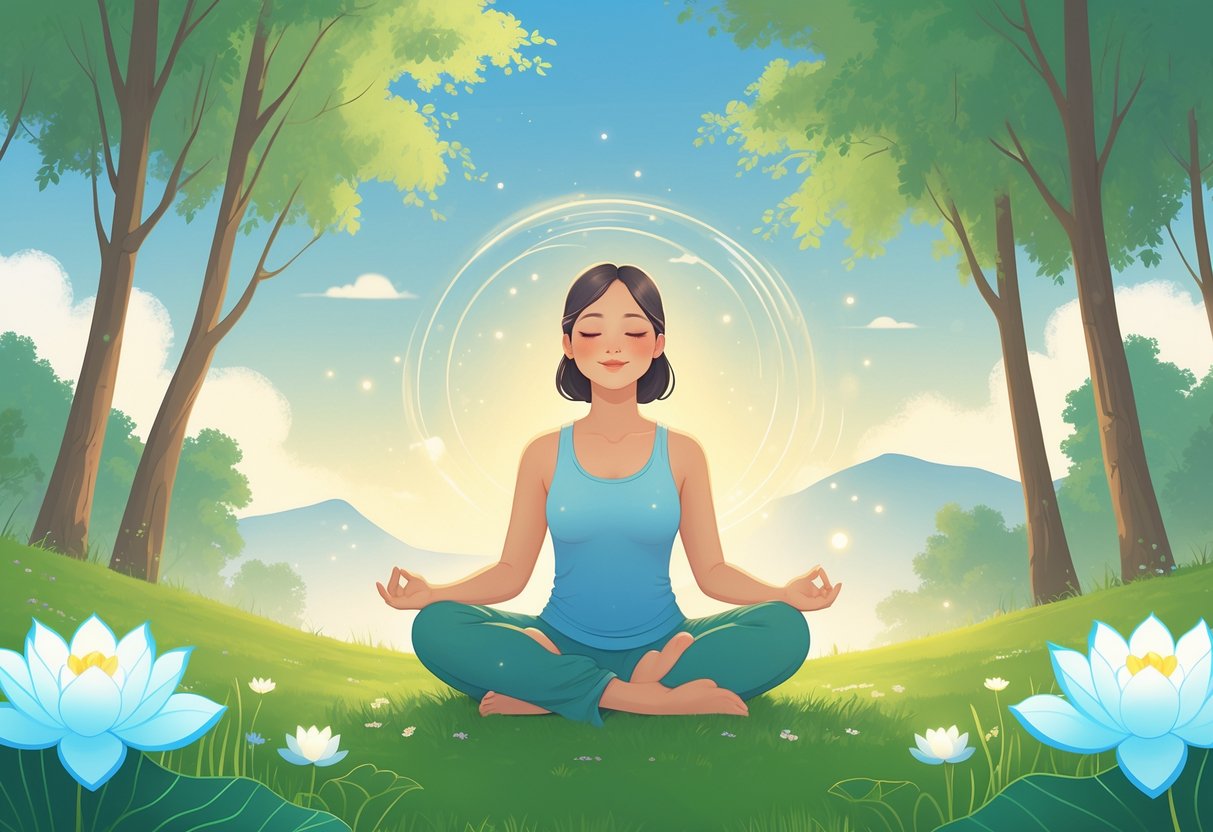 A person meditating peacefully outdoors in a green meadow with sunlight filtering through trees, surrounded by glowing light and lotus flowers.
