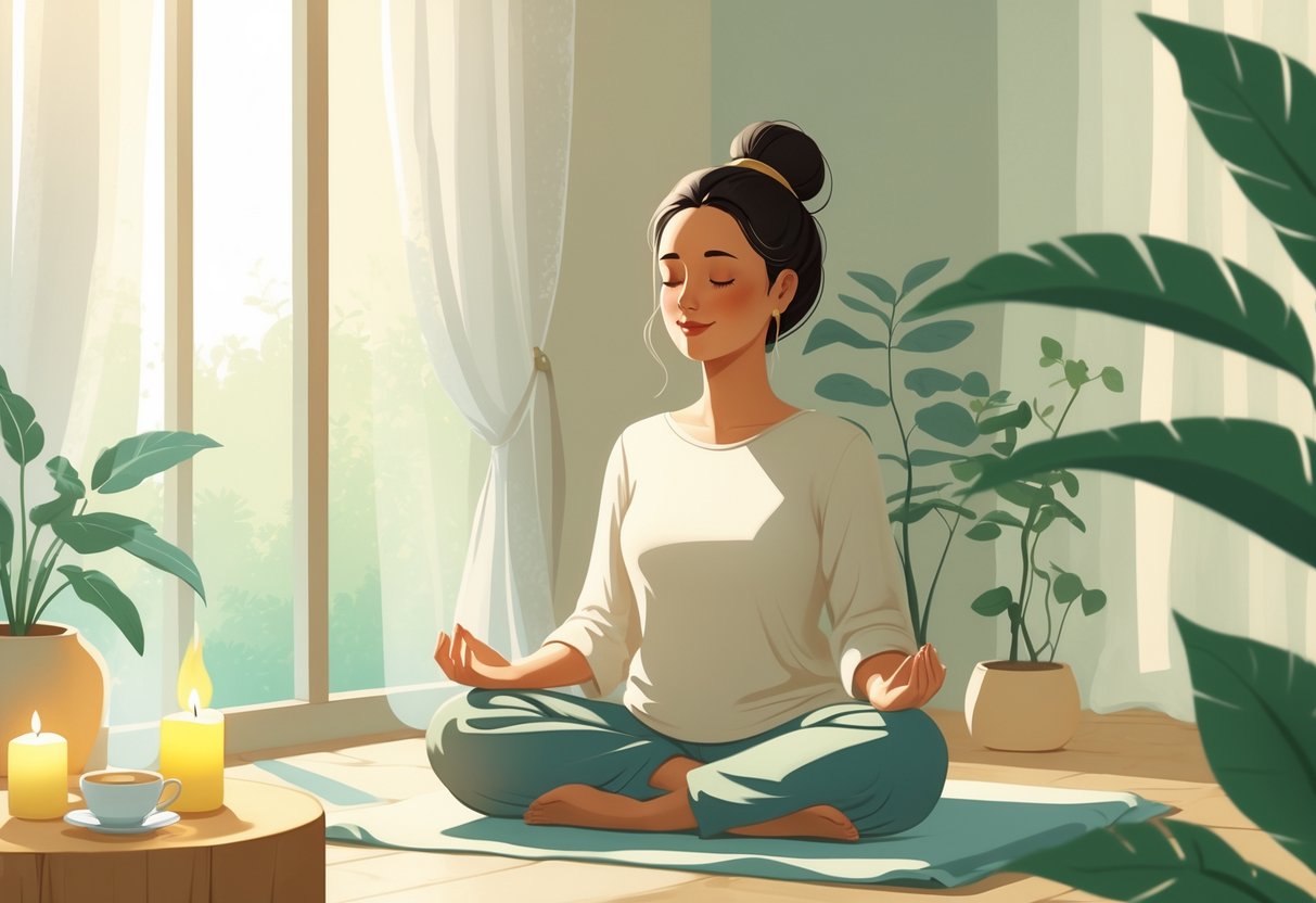 Person meditating peacefully indoors, sitting cross-legged with eyes closed, surrounded by calming elements like candles, plants, and soft natural light.