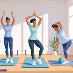 Three adults performing warm-up and stretching exercises in a bright home workout room with minimal equipment.