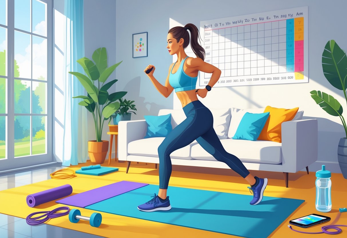 A person exercising in a bright living room with minimal workout equipment and a progress chart on the wall.