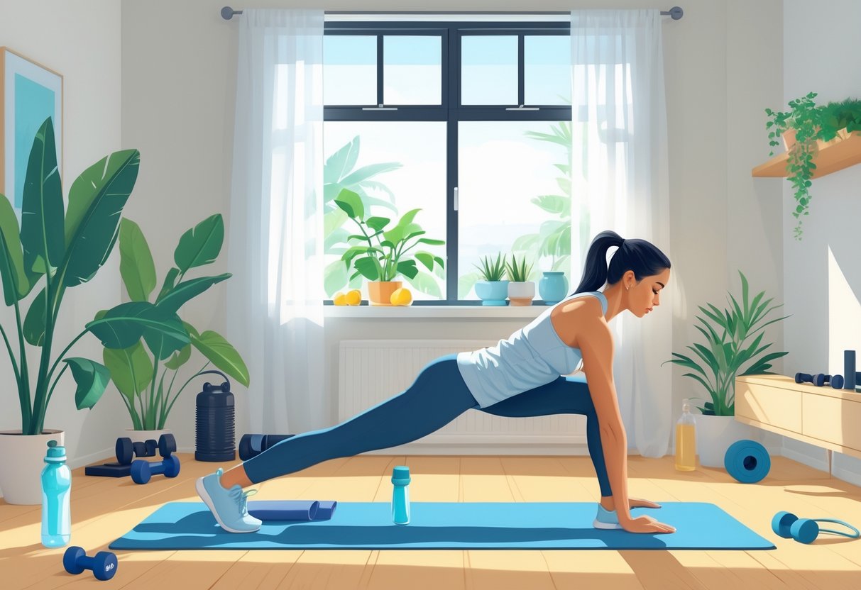 A person exercising at home using resistance bands and dumbbells in a bright, tidy room with plants and workout accessories nearby.