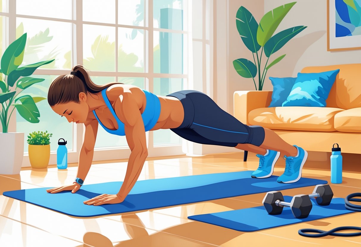 A person exercising in a bright living room using minimal workout equipment like resistance bands, dumbbells, and a yoga mat.