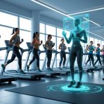 People exercising in a modern gym with a holographic AI assistant providing real-time workout feedback.