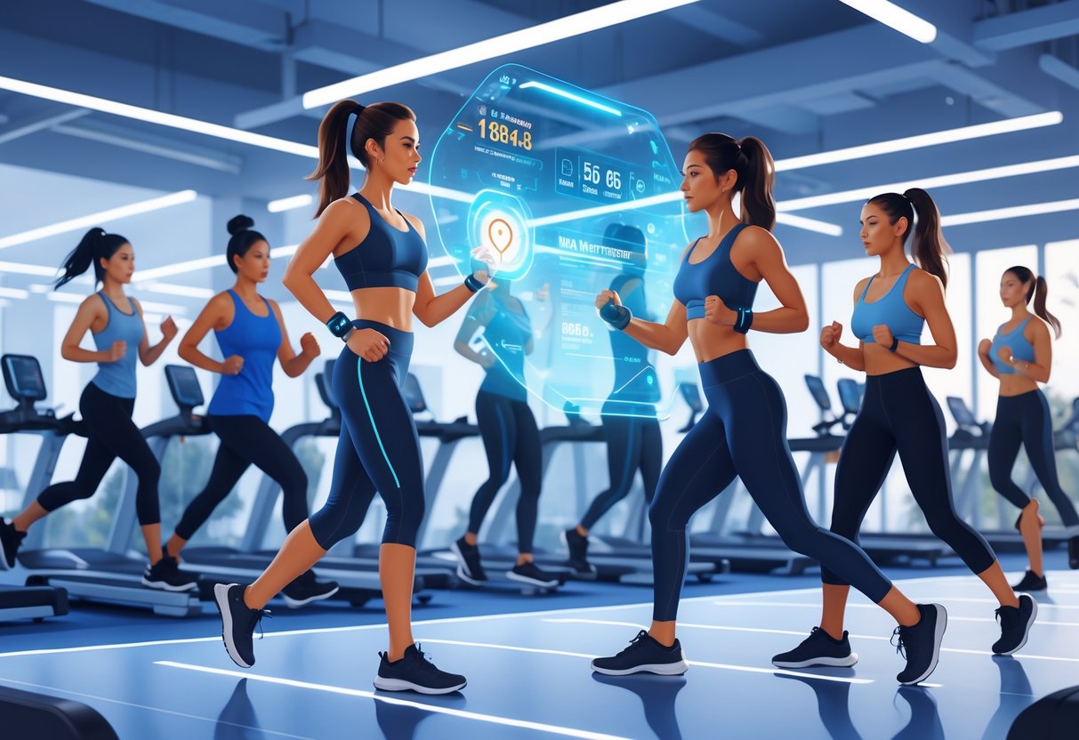 People exercising in a modern gym using wearable devices that project digital fitness data and AI coaching guidance.