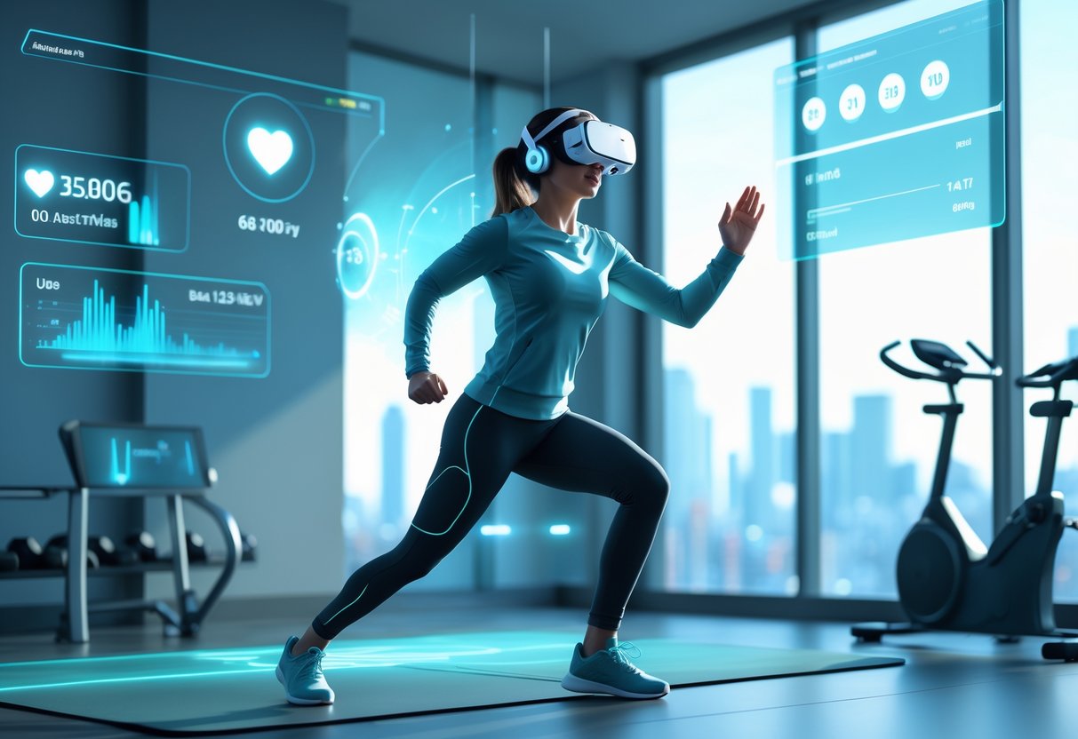 A person wearing a virtual reality headset is exercising in a room with digital workout data and virtual trainers around them.