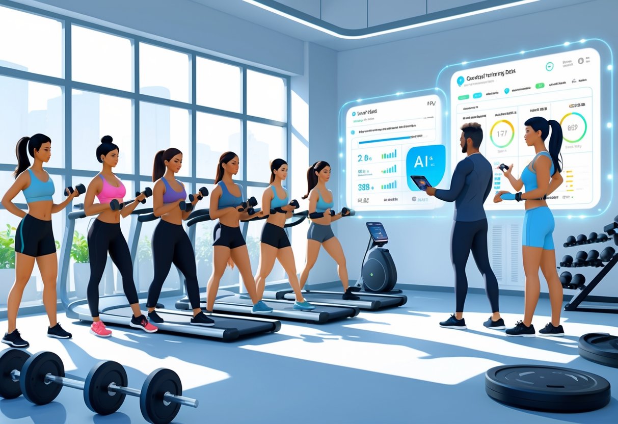 People exercising in a modern gym with a digital AI assistant displaying personalized workout data and plans.