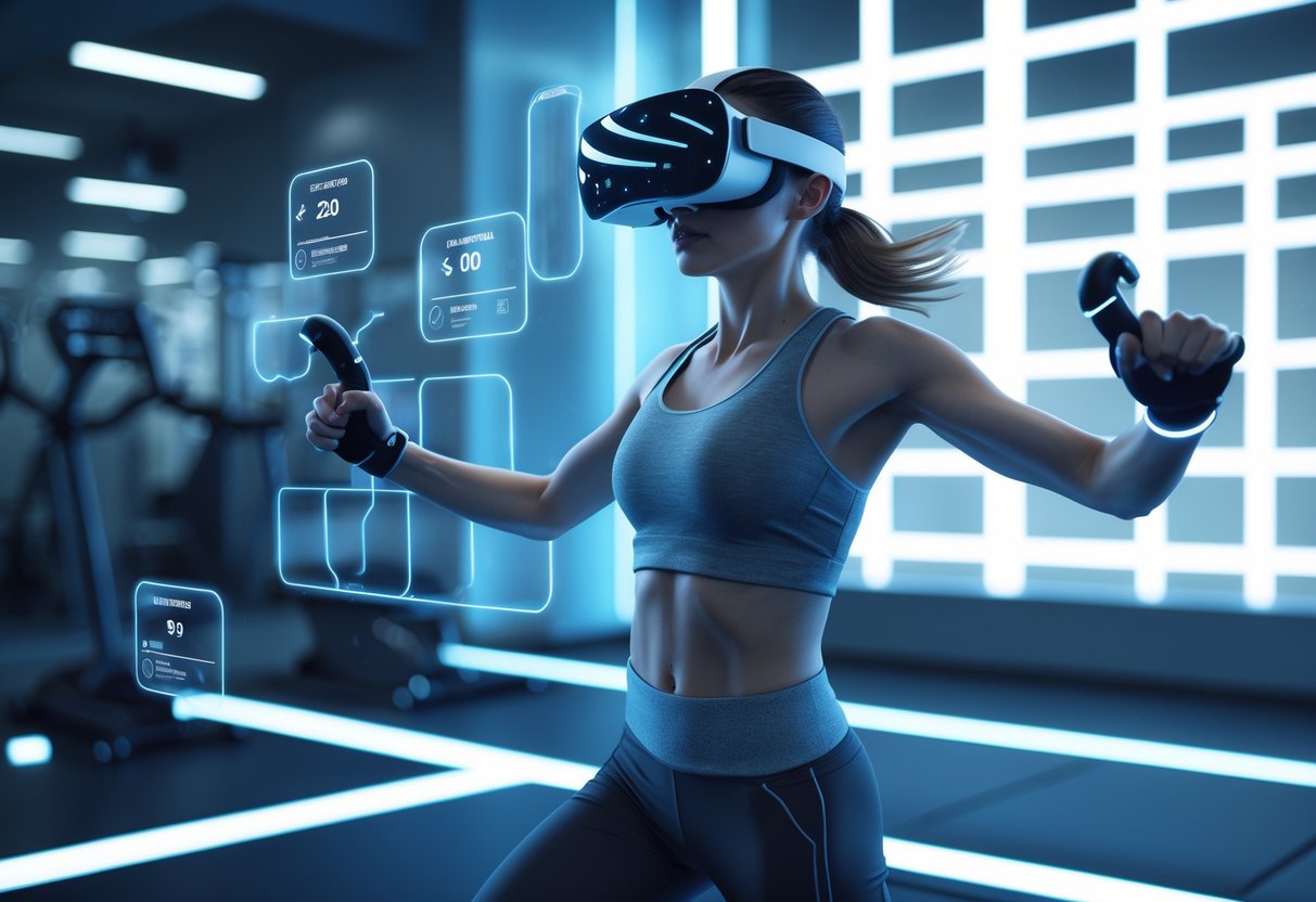 A person wearing a VR headset and motion controllers exercises in a digital environment with floating fitness data around them.