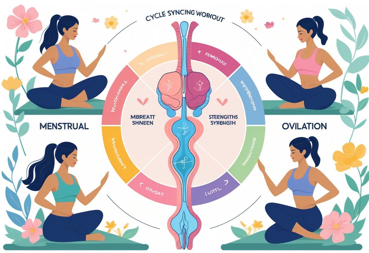 Illustration showing the female reproductive system surrounded by four phases of the menstrual cycle, each paired with women doing different workouts suited to each phase.