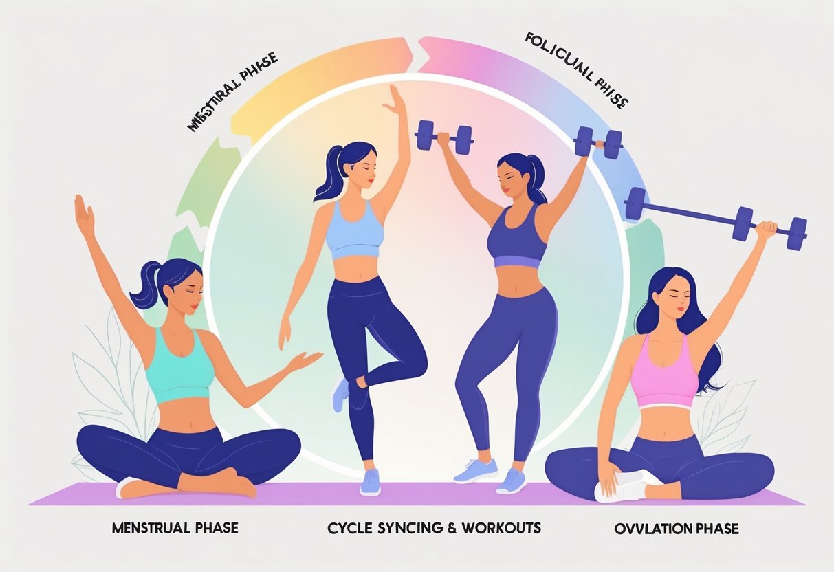 Four women performing different exercises representing phases of the menstrual cycle with a circular diagram in the background.