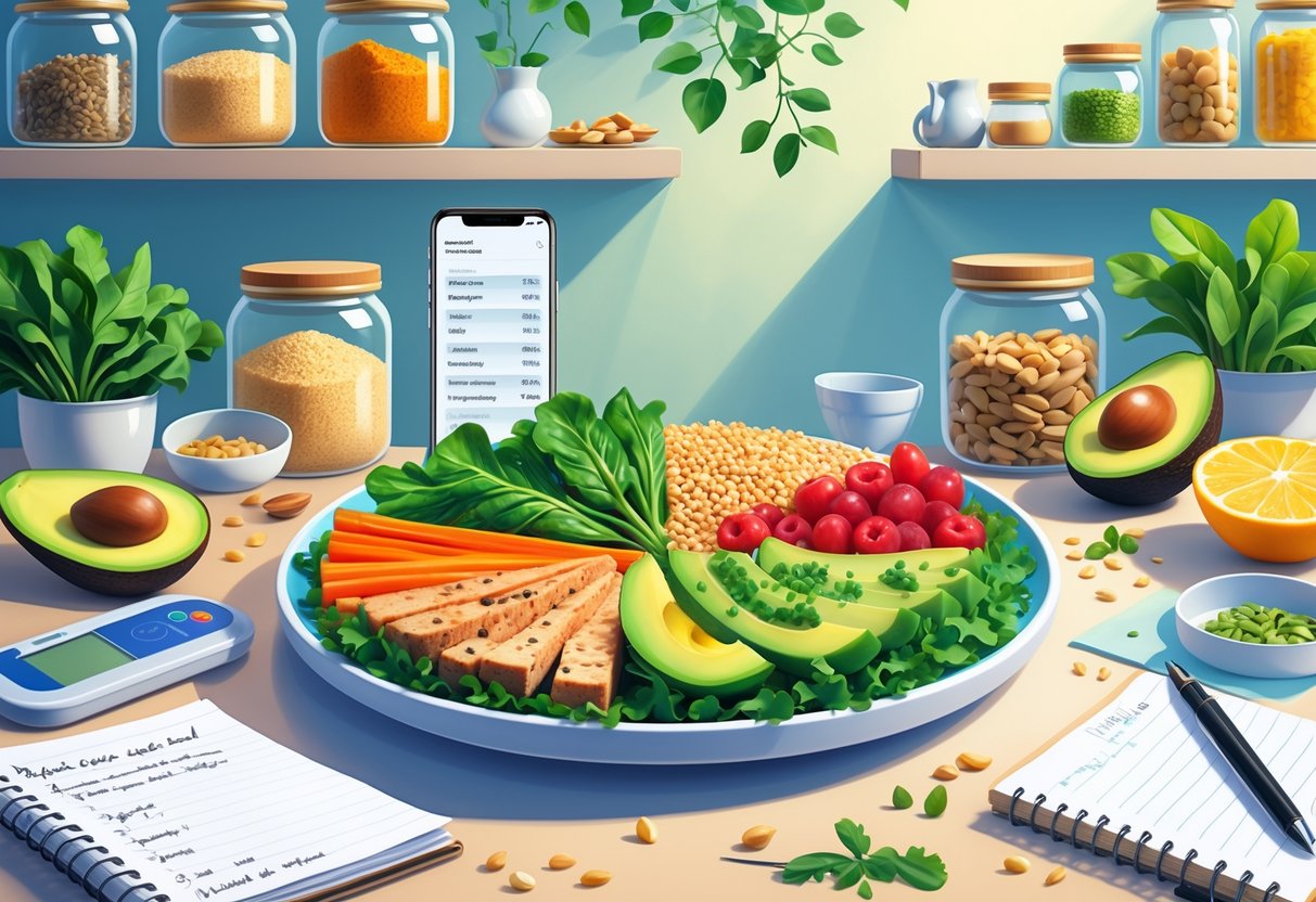 A kitchen scene showing a balanced plate of vegetables, proteins, and grains with measuring tools and fresh ingredients arranged around it.