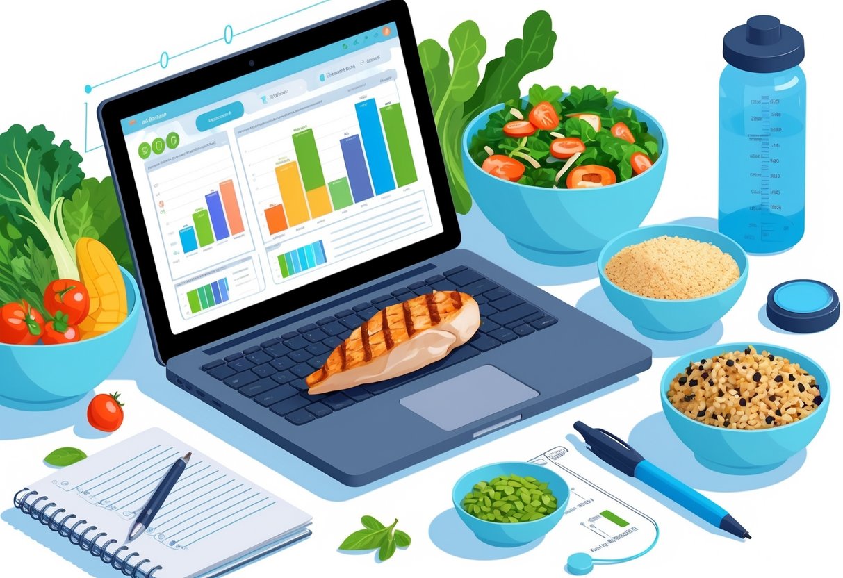 A workspace with a laptop showing nutrition charts, surrounded by healthy foods like vegetables, chicken, grains, nuts, a notebook, water bottle, and a measuring scale.