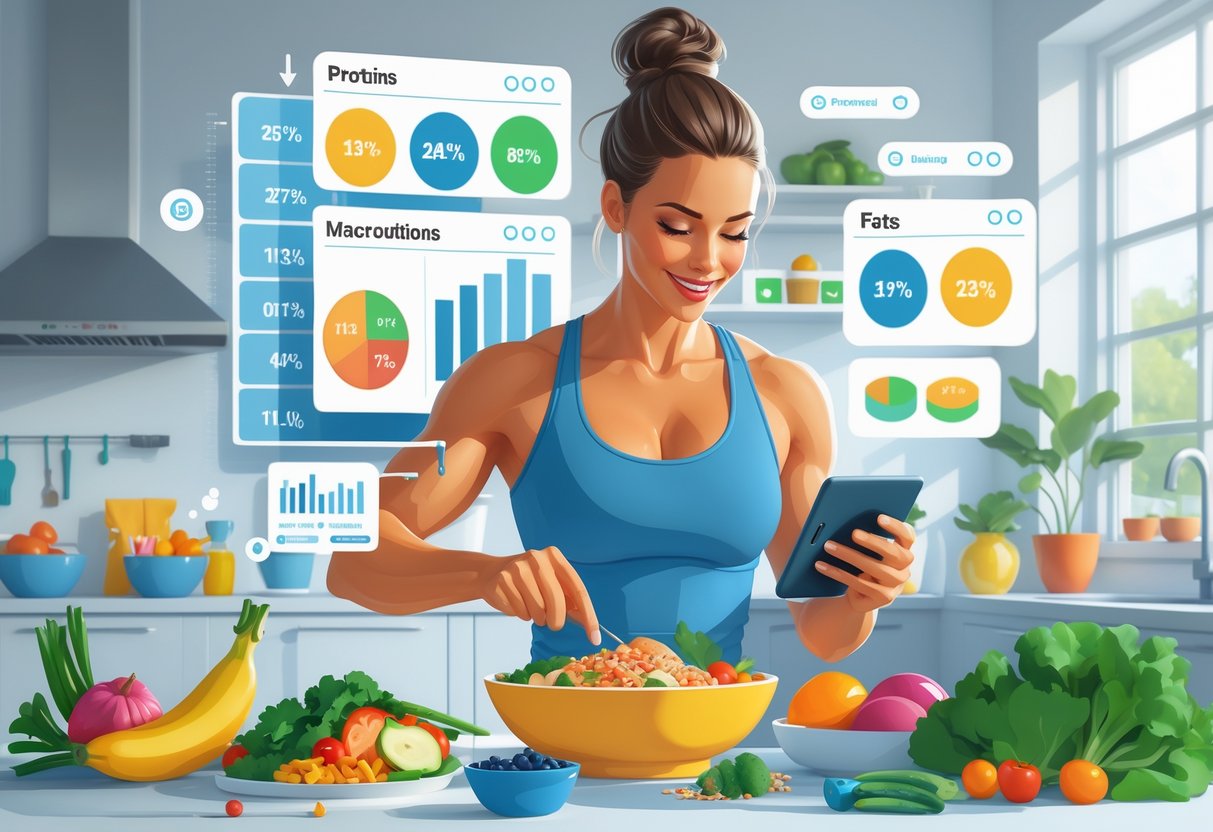 A person preparing a healthy meal in a bright kitchen, using a digital device to track nutrition, surrounded by visual icons of macronutrients and data charts.