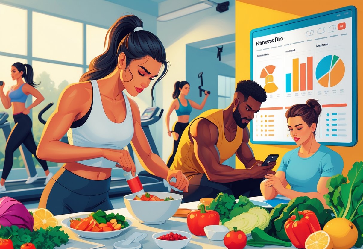 A group of people preparing healthy meals and tracking fitness progress in a gym setting, showing motivation and focus on nutrition and exercise.