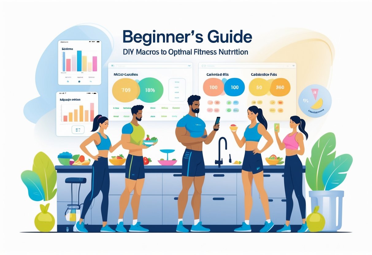 People measuring food, tracking macros on a phone, and preparing a balanced meal in a bright kitchen with fitness items nearby.
